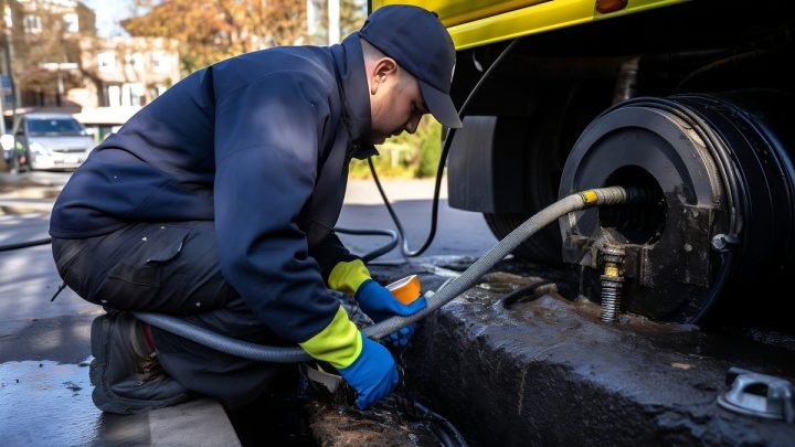 Service worker clearing a clogged drain with hose equipment