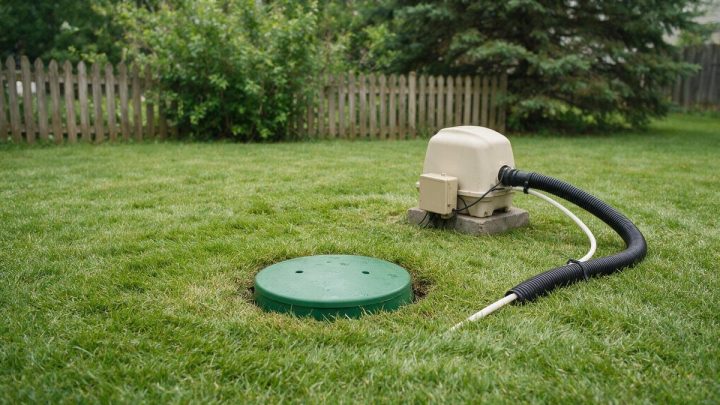 Green circular septic riser lid set flush in a mown back-yard lawn, with a beige air blower housing and small electrical box on a concrete pad behind it and black corrugated conduit and a white air line running across the grass toward a wooden picket fence.