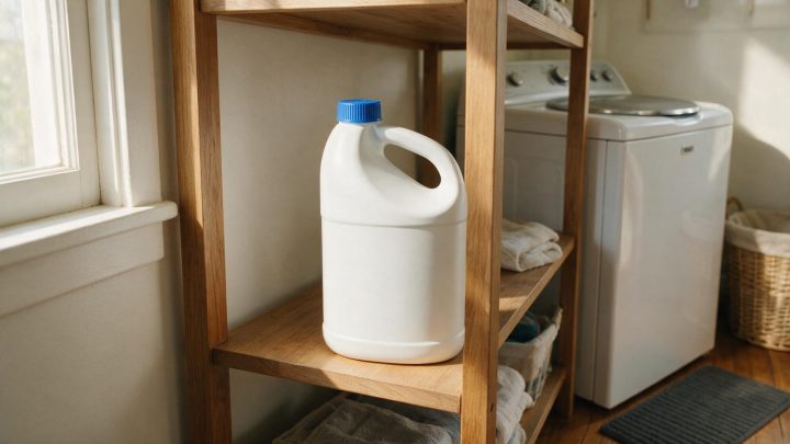 An unlabeled white plastic jug with a blue cap sits on a wooden shelf in a sunlit laundry room, with folded towels below and a white top-loading washer and dryer in the background.