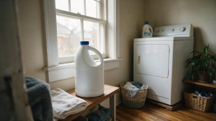 A blank white plastic jug with a blue cap stands on a wooden bench beside folded towels next to a window, with a white dryer, a laundry basket of clothes and a potted plant in the corner behind it.