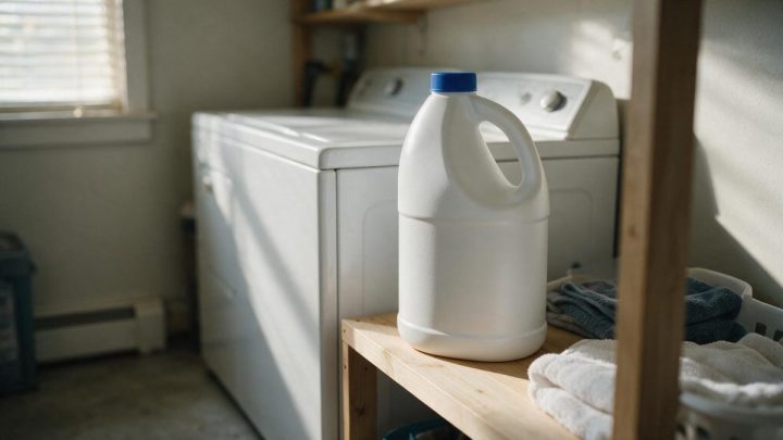 An unlabeled white plastic jug with a blue cap rests on a small wooden table in a basement utility room, in front of a white washer and dryer pair with folded towels and a laundry basket at the right.