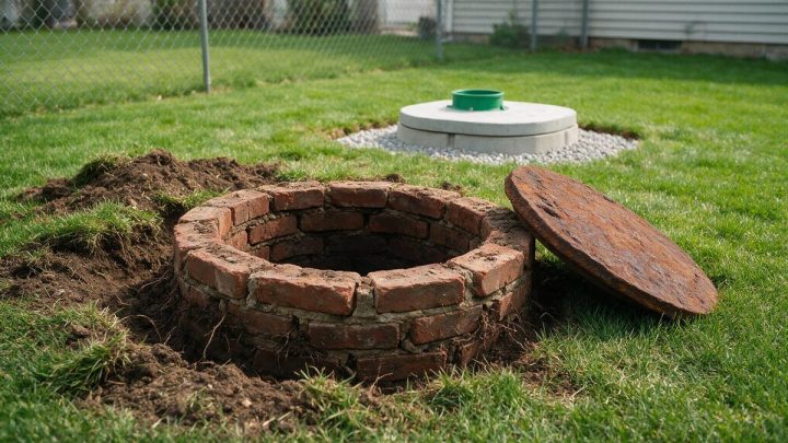 An old circular brick-lined pit uncovered in a grassy back yard with its rusted iron lid leaning beside it and mounded soil around the excavation, with a round precast concrete lid and green plastic riser set in a gravel bed a few yards behind it.