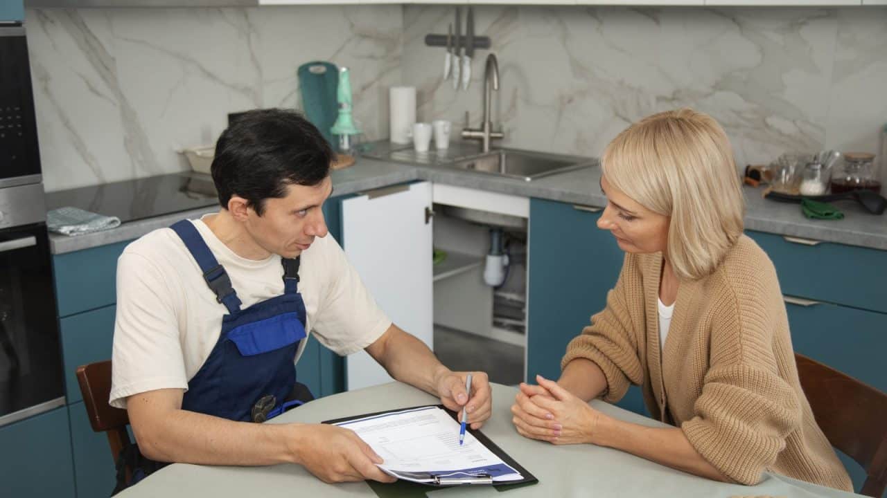 Plumber in work clothes explaining a repair to a homeowner in the house