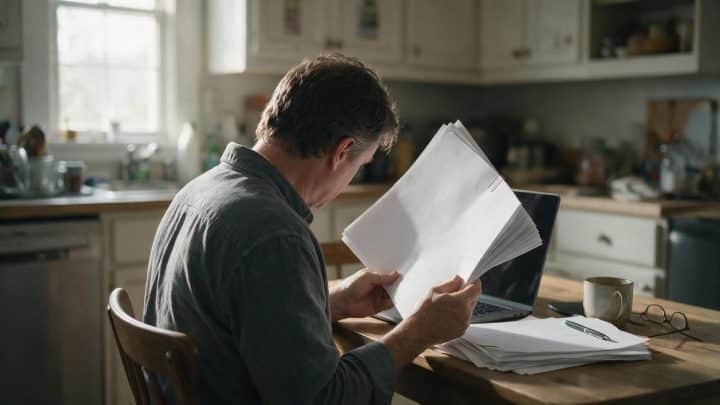 A man seated at a wooden kitchen table, seen from behind, turning the pages of a thick stapled document beside an open laptop, a stack of loose papers, a pen, a coffee mug and reading glasses in soft window daylight.