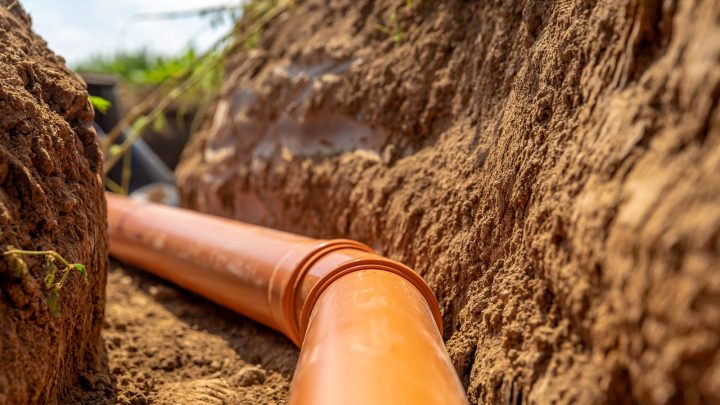 Plastic wastewater and rainwater pipes set into ground before backfill