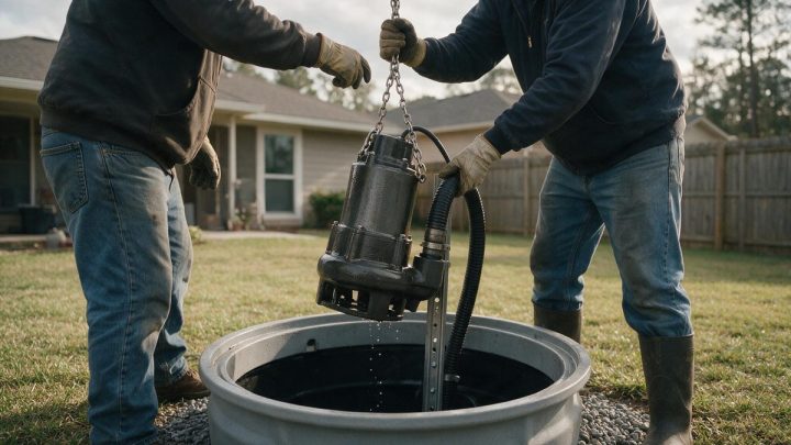 Two workers in gloves and rubber boots hold a chain lifting a wet cast-iron submersible grinder pump out of an open round basin in a residential back yard, with a flexible discharge hose and guide rail alongside.