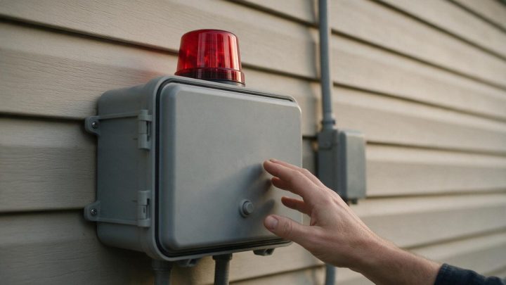A gray weatherproof pump control panel with a red alarm beacon on top, mounted on beige lap siding next to a conduit and a small junction box, with a bare hand reaching toward the panel's push button.