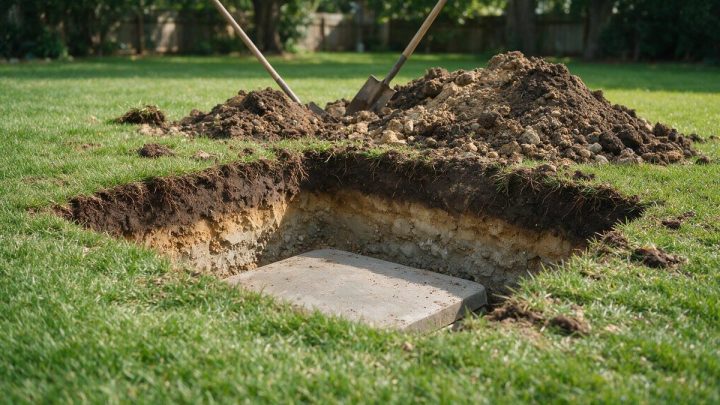 A shallow pit dug into a green backyard lawn exposes a flat rectangular concrete slab under about two feet of earth, with dark topsoil, roots and pale tan subsoil layers visible in the cut wall and a mound of excavated dirt with two shovels behind it.