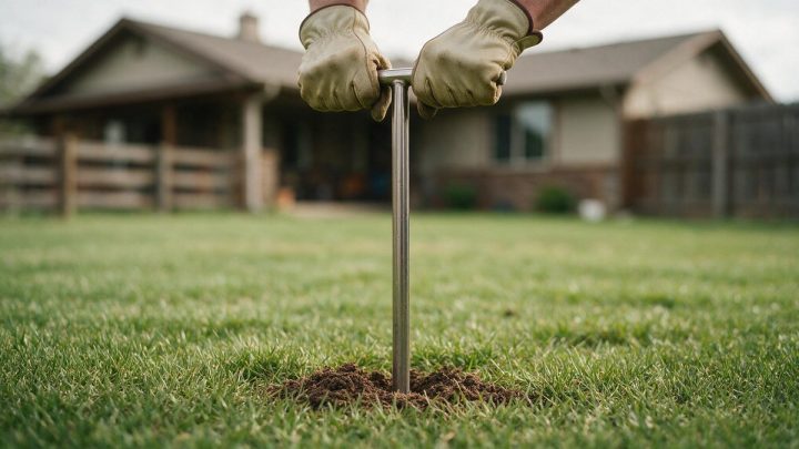 Gloved hands push a slim steel T-handle probe rod straight down into a mowed green lawn, loose soil pushed up around the entry point, with a single-story house and wooden fence blurred behind.