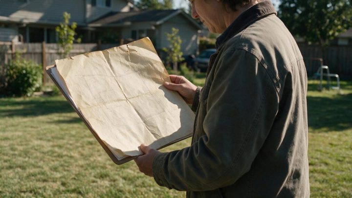 A person in a canvas work jacket stands on a sunlit backyard lawn holding a clipboard, looking down at a creased, yellowed paper site plan drawing showing faint property outlines and measurements.