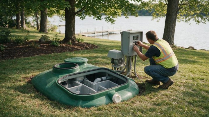 A worker in a hi-vis vest crouches at a grey outdoor control panel and air blower beside an open green fibreglass septic treatment tank set flush in a lakeside lawn, with a wooden dock on the water behind.