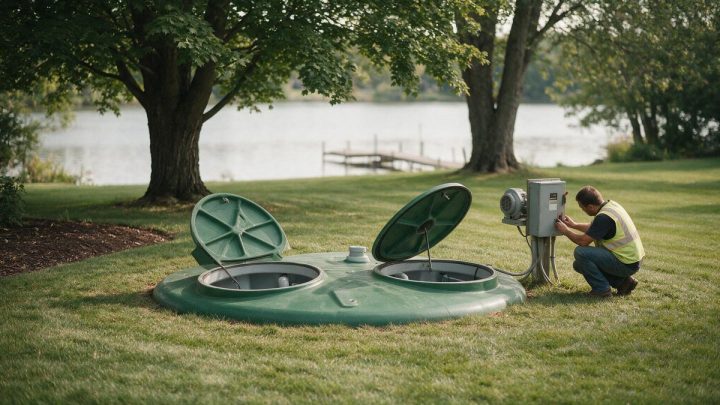 A green fibreglass treatment tank sits in a mown lakeside lawn with both round riser lids propped open, while a worker in a hi-vis vest kneels at the grey control panel and blower mounted on a post next to it.