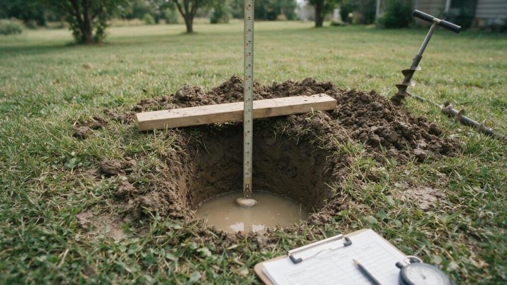 A percolation test hole augered into a grassy backyard, with a measuring tape hanging from a wooden board across the opening down to muddy water in the bottom, a mound of excavated soil beside it, a hand auger lying in the grass and a clipboard, pencil and stopwatch at the edge of the hole.