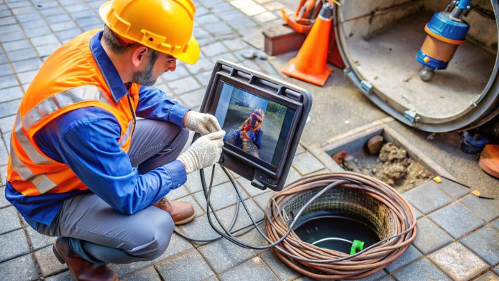 Camera inspection reel and live feed screen at an open manhole
