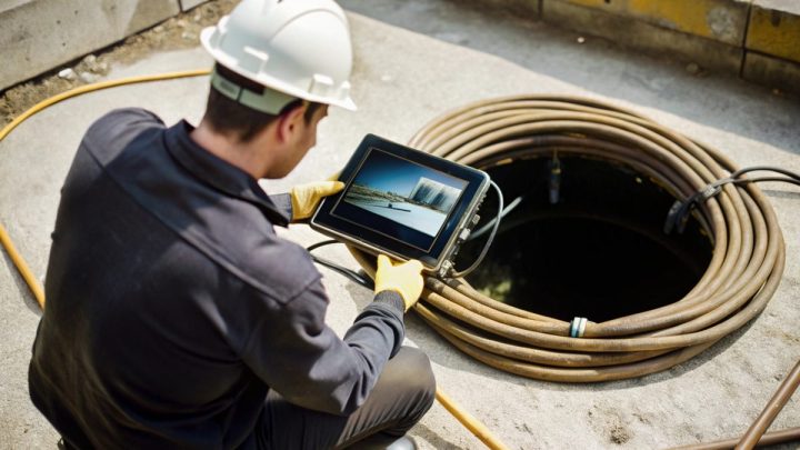 Technician running a sewer inspection camera and watching the monitor beside a manhole
