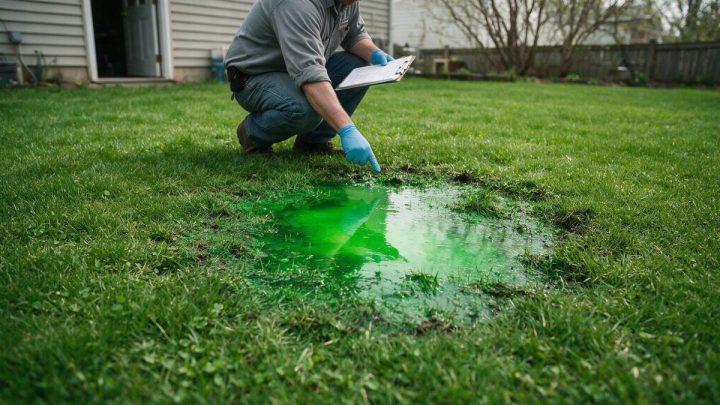 A worker in a grey shirt and blue nitrile gloves crouches on a back lawn holding a clipboard and pointing at a shallow pool of bright green dyed water that has surfaced in the grass, with a house wall and open door behind him.