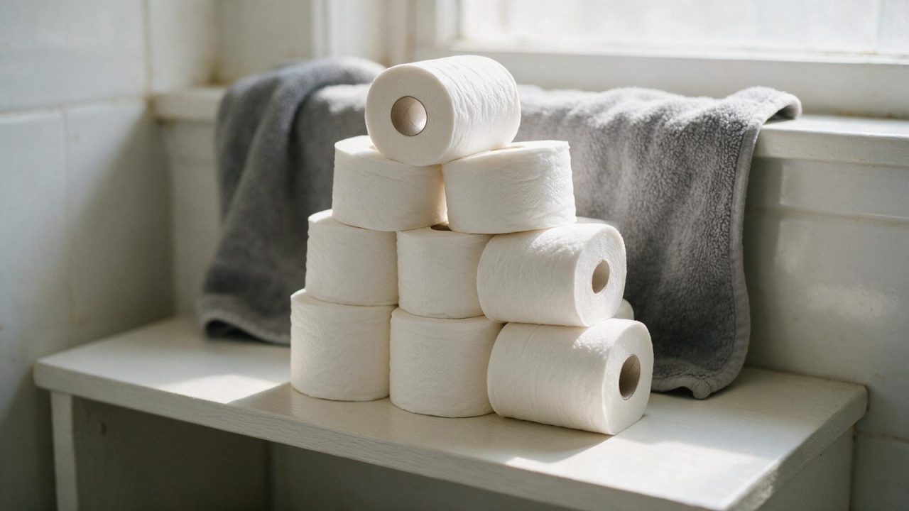 Nine unwrapped white toilet paper rolls stacked in a pyramid on a white painted wooden bench, with a grey towel draped behind them in daylight from a window.