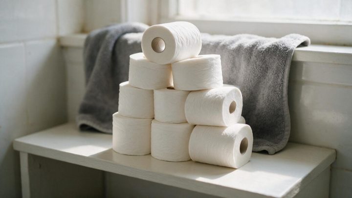 Nine unwrapped white toilet paper rolls stacked in a pyramid on a white painted wooden bench, with a grey towel draped behind them in daylight from a window.