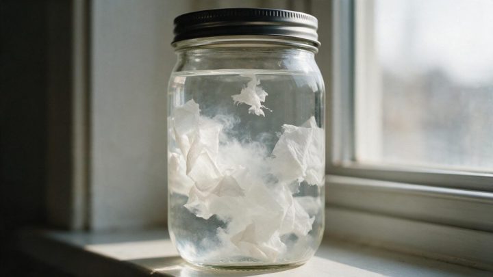 A lidded glass mason jar of water on a windowsill holding torn pieces of white tissue paper that are breaking apart into cloudy wisps.