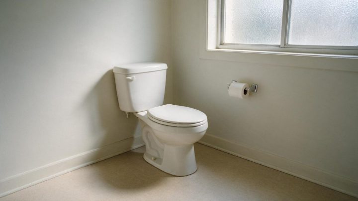 A plain white two-piece toilet with the lid closed in the corner of an empty bathroom, with a partly used white roll on a chrome wall holder beneath a frosted window.