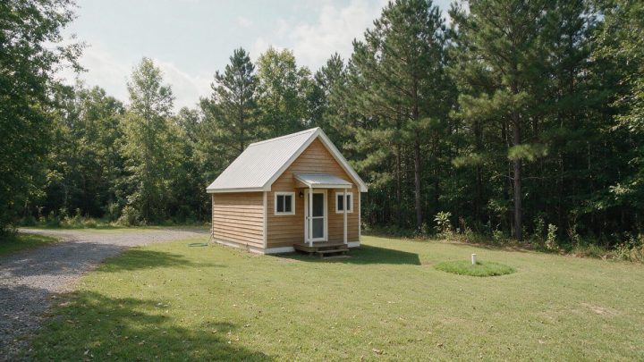 A small wood-sided cabin with a white metal gable roof and a covered front step sits on a mown grass clearing surrounded by pine woods, with a gravel driveway on the left, a coiled garden hose at the foundation, and a short white PVC pipe standing in a patch of greener grass at right.