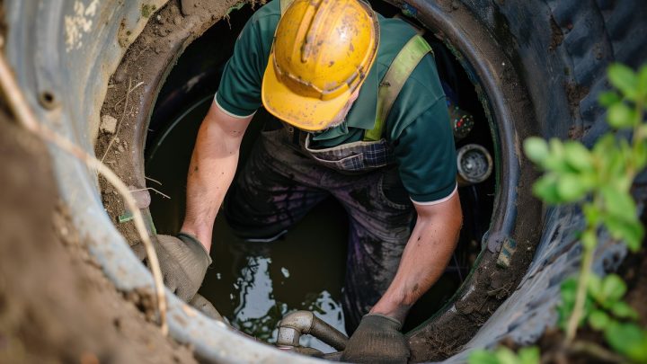 Service worker cleaning an open septic tank