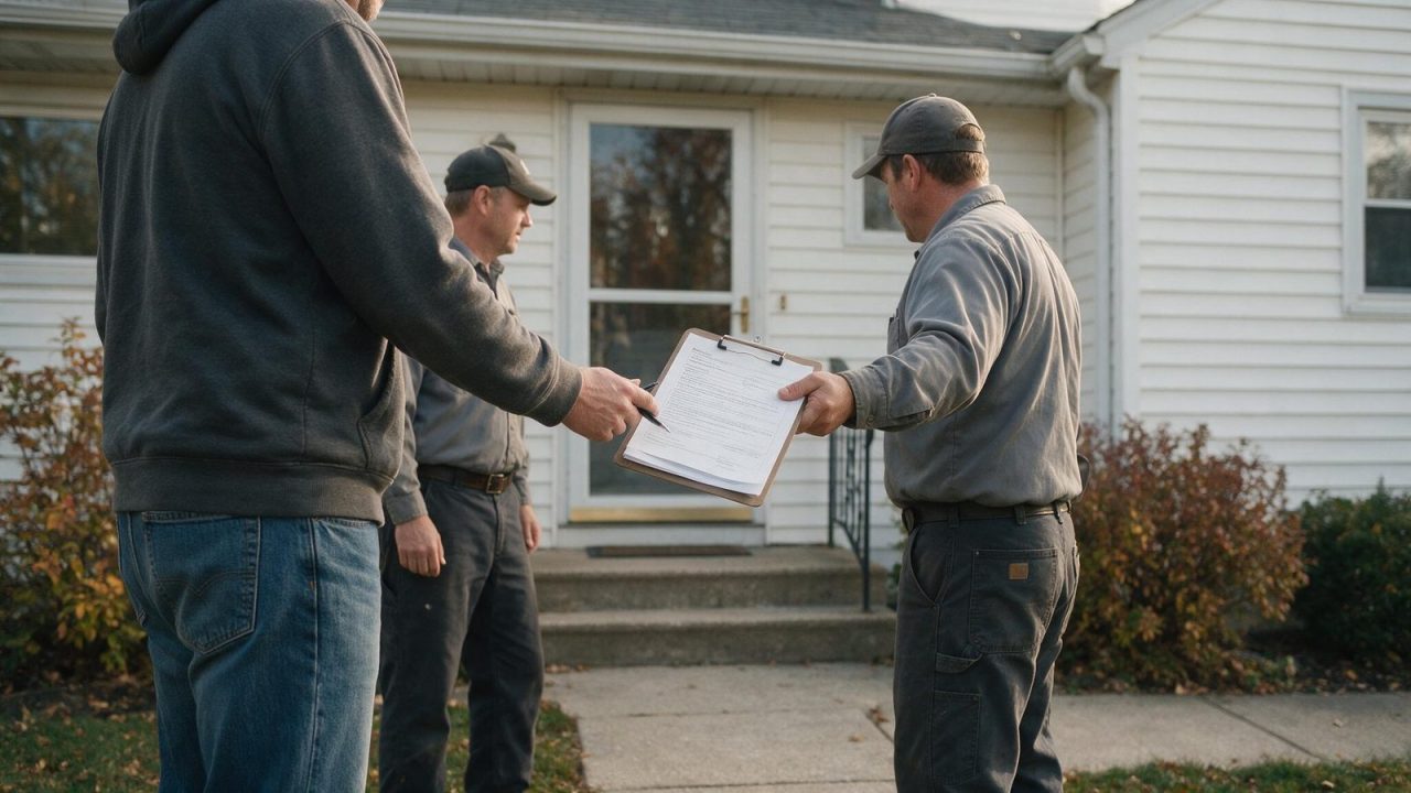 A worker in a cap holds a clipboard with a multi-page printed document while a man in a hooded sweatshirt points a pen at it, standing on the walkway in front of a white sided house.