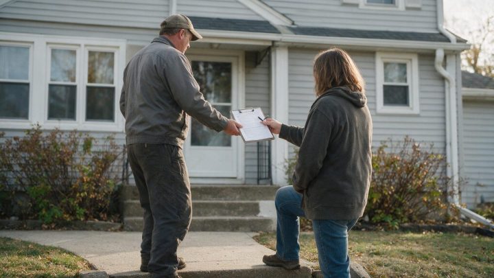 Seen from behind, a man in grey work coveralls holds out a clipboard with a printed form to a woman in a hoodie and jeans who reaches for it with a pen, on the front walk of a two-storey house.