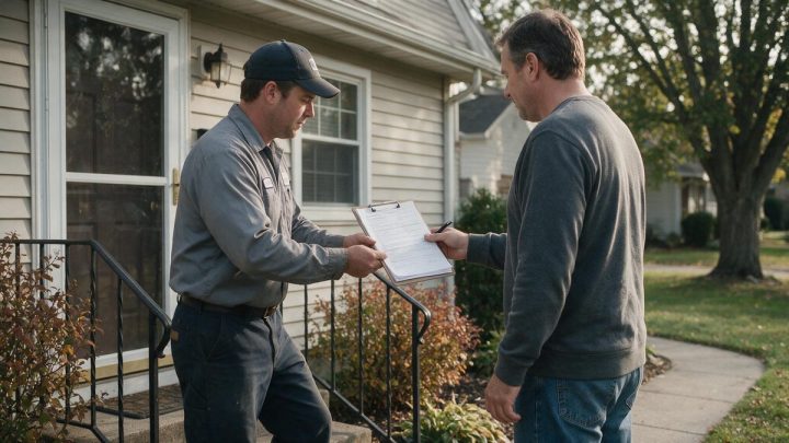 A uniformed technician on the front steps of a suburban house holds a clipboard of printed pages toward a homeowner in a grey sweatshirt, who takes hold of it with a pen in hand.