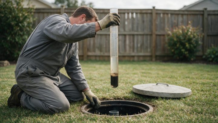 A worker in grey coveralls kneels on a fenced back lawn and holds up a long clear sampling tube with a dark settled layer at its lower end, drawn from the open round septic tank access below, the heavy concrete lid set aside on the grass.