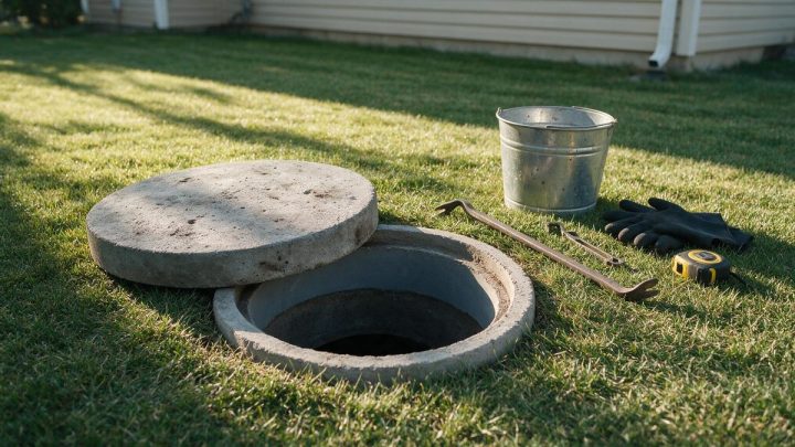 An open concrete septic tank riser in a sunlit lawn with its round lid lifted off and leaning beside it, and a pry bar, wrench, galvanized bucket, black work gloves and a tape measure laid out on the grass in front of a house wall.