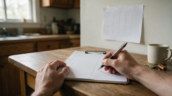 Two hands at a wooden kitchen table, one steadying a clipboard holding a blank ruled record sheet while the other writes on it with a ballpoint pen, an empty printed grid taped to the wall behind and a mug and keys nearby.