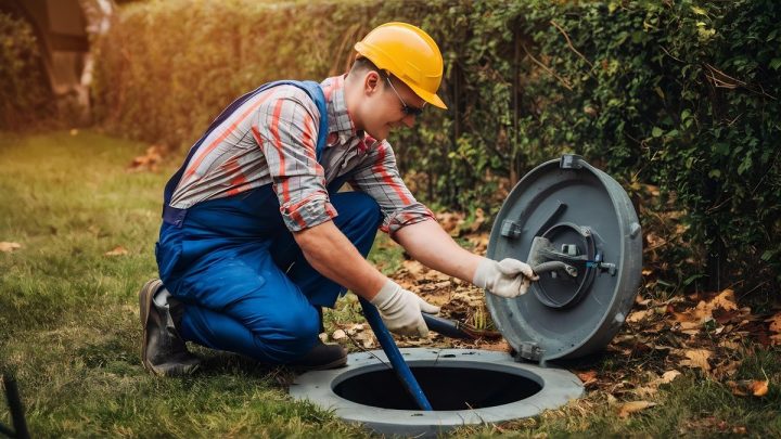 Plumber opening a sewer access hatch during septic tank maintenance
