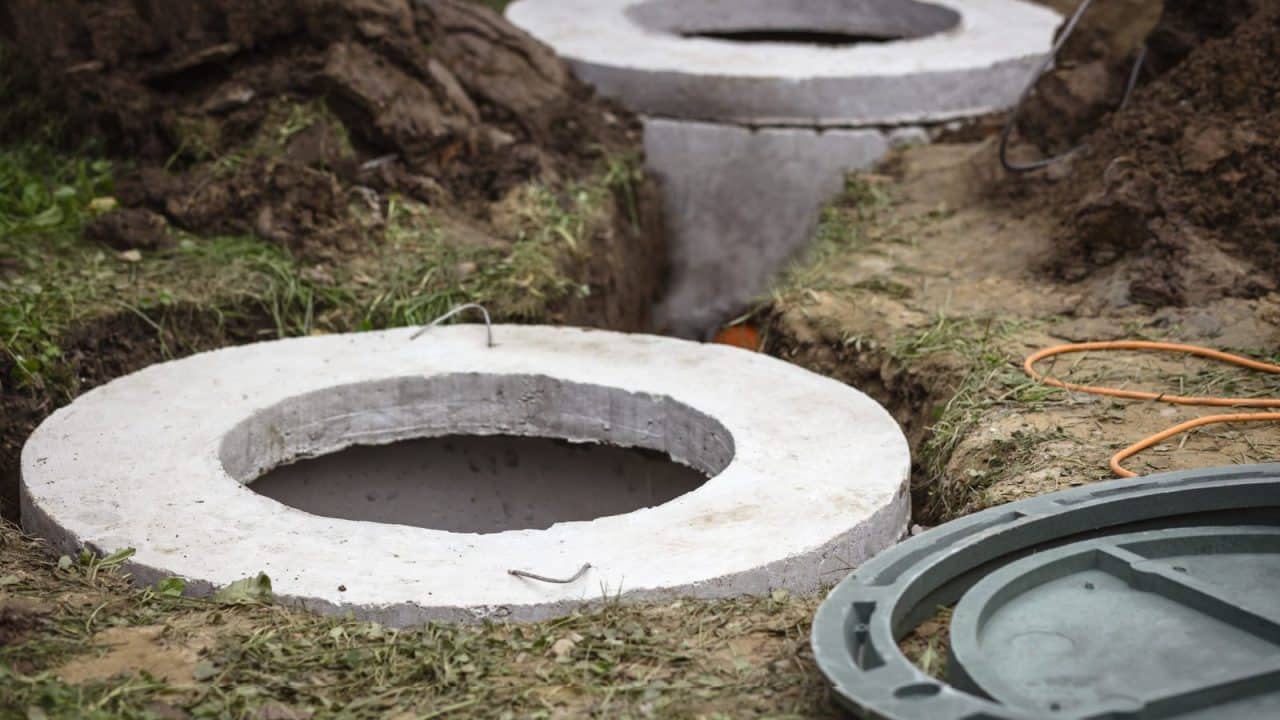 Two concrete sewage wells with manhole covers set in excavated ground