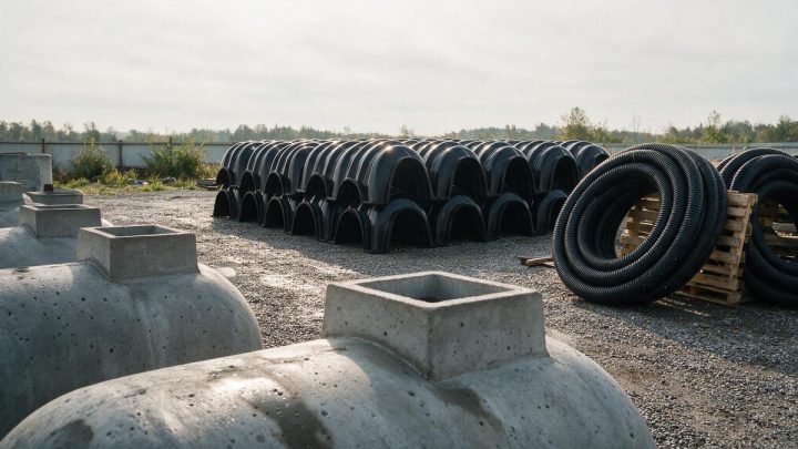 Gravel supply yard holding precast concrete tanks with square access risers in the foreground, rows of stacked black arched plastic leach-field chambers behind them, and coils of black corrugated perforated pipe resting on wooden pallets at right.
