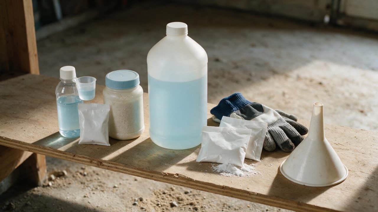 Unlabelled plastic bottles, a jar of granules, white powder sachets, a measuring cup, work gloves and a funnel arranged on a plywood garage shelf in daylight.