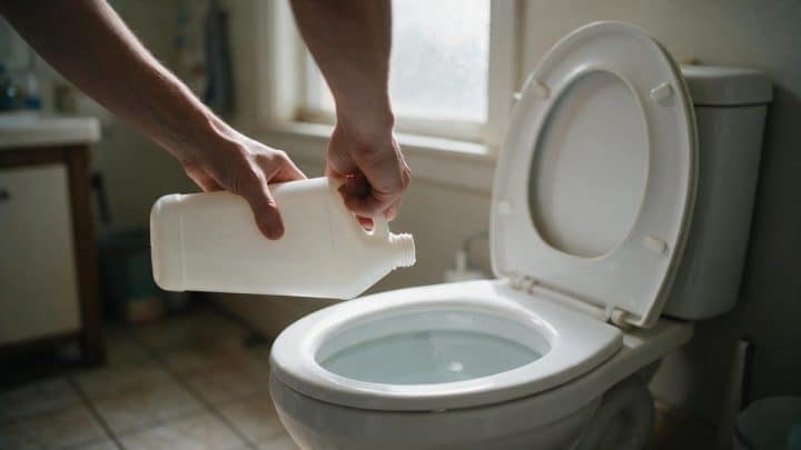 Two hands tilting a plain white plastic jug over the open bowl of a household toilet in a tiled bathroom lit by a frosted window.