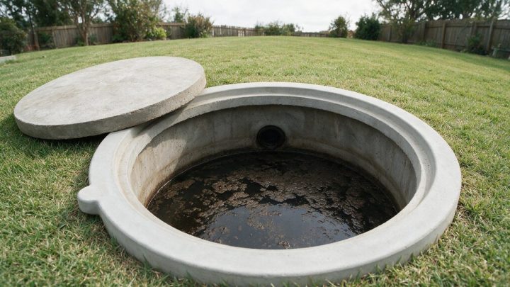 An open concrete septic tank riser in a mown backyard lawn, its round lid set aside on the grass, showing the liquid level and a pipe opening inside the chamber.