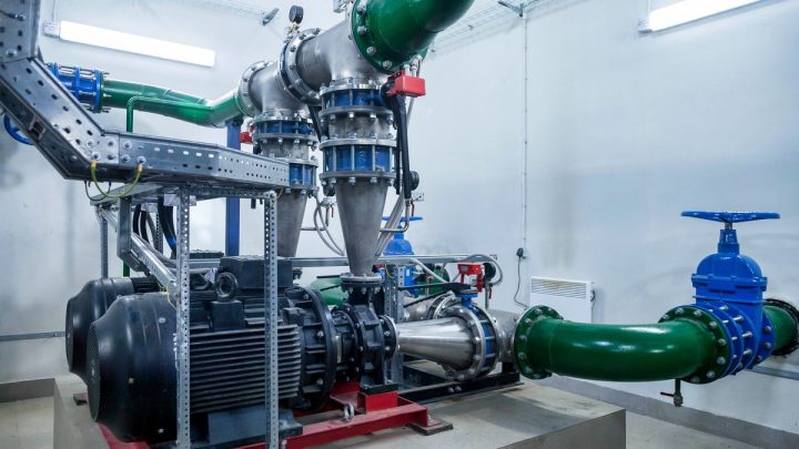 Pump room with motors, valves, pressure gauges and manifold piping