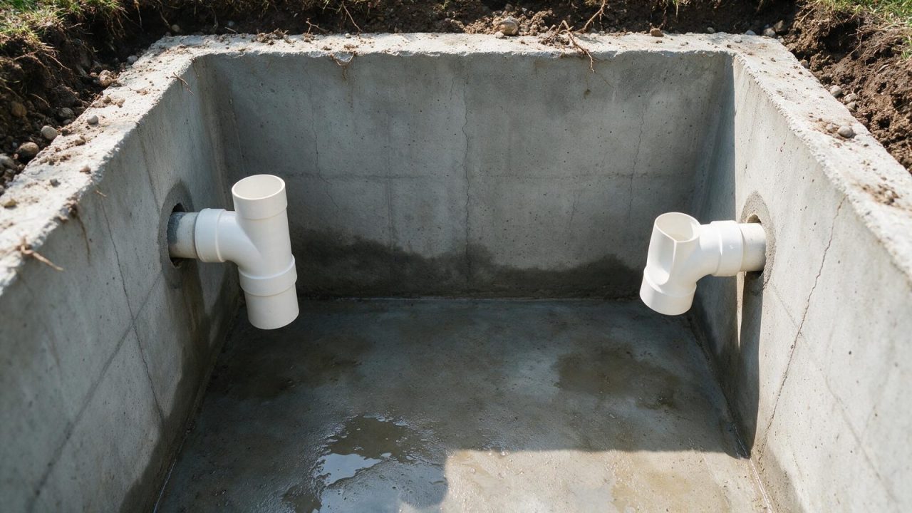 Interior of an emptied rectangular concrete septic tank in daylight, with a white PVC sanitary tee baffle fitted on the inlet pipe at left and another on the outlet pipe at right, damp bare concrete floor below.