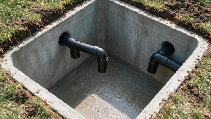 Open concrete septic tank surrounded by cut sod, showing two black plastic baffle assemblies mounted on the inlet and outlet pipe penetrations of the empty tank walls.