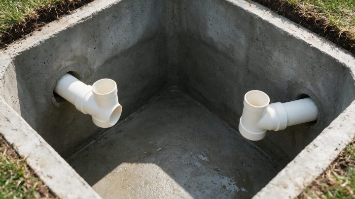 Overhead view into an empty concrete septic tank showing two white PVC tee baffles installed on opposite walls at the inlet and outlet pipes, with sunlight and shadow across the wet floor.
