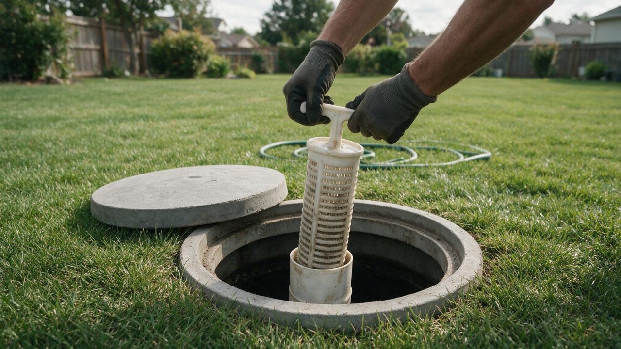 Gloved hands lift a white slotted plastic effluent filter cartridge by its T-handle out of the white PVC outlet tee inside an open concrete septic tank riser, with the round concrete lid set aside on the lawn and a garden hose coiled behind.