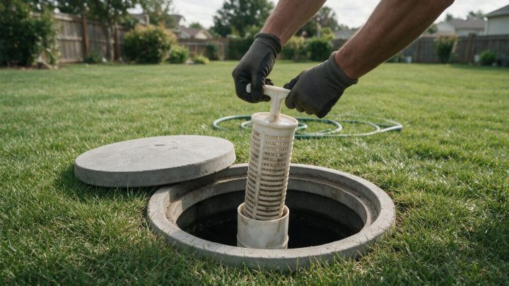Gloved hands lift a white slotted plastic effluent filter cartridge by its T-handle out of the white PVC outlet tee inside an open concrete septic tank riser, with the round concrete lid set aside on the lawn and a garden hose coiled behind.