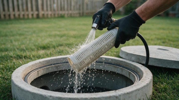 Gloved hands rinse a slotted white plastic effluent filter cartridge with a garden hose nozzle held over the open concrete riser of a septic tank, the rinse water falling back down into the tank.