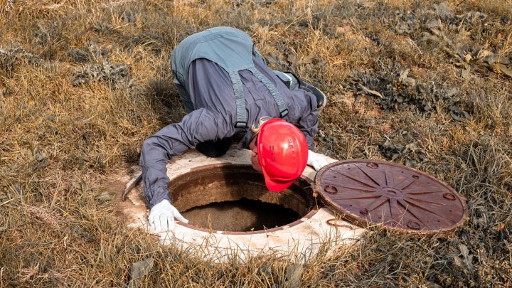 Worker leaning over an open sewerage chamber to service equipment