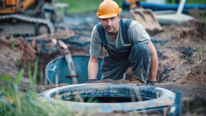 Hard-hatted worker inspecting an open manhole, machinery behind