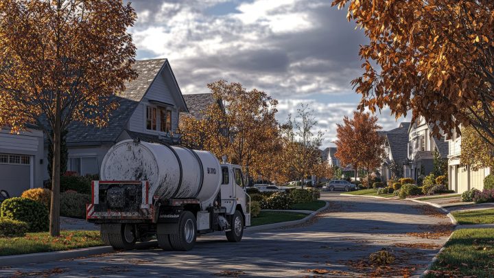 Sanitation service vehicle working on a suburban street