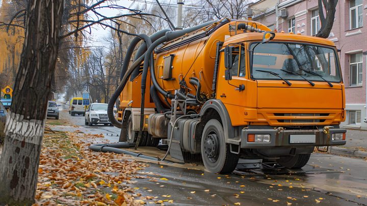 Sewer cleaning truck at work on a city street