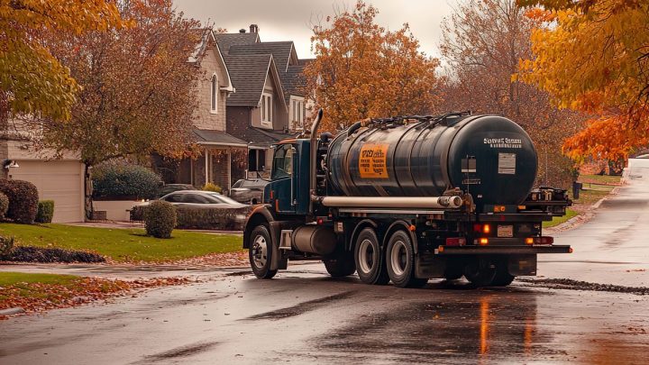 Sewer service truck parked kerbside in a residential street